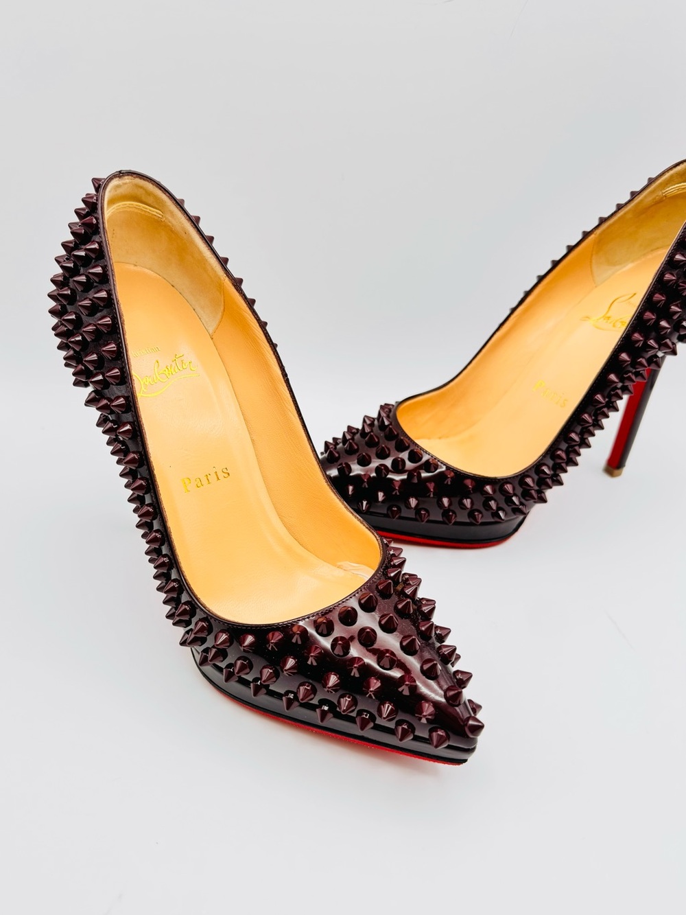 Christian Louboutin Pigalle Spikes 120 Burgundy Patent Pumps Size 35.5